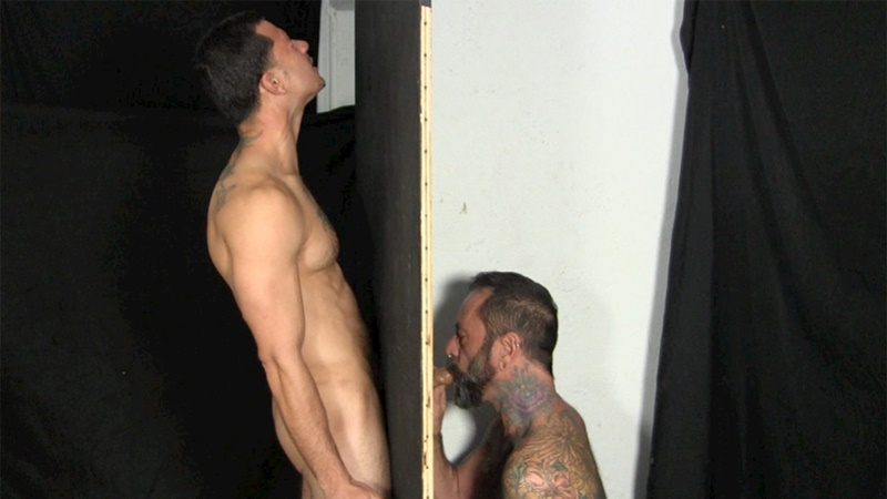 StraightFraternity Victor strips nude glory hole muscular body big thick long uncut dick cocksucking cock sucker young man sucked dry 013 gay porn sex gallery pics video photo - Victor moans loudly as he gets his veiny, uncut cock sucked dry