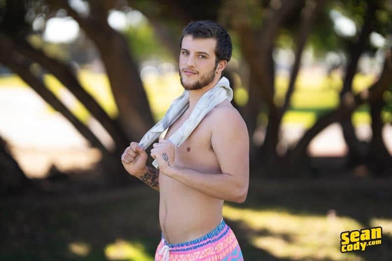 Sexy newbie bearded muscle stud Sean Cody Griffin strips out of swim shorts wanking massive thick dick 3 gay porn pics - Sexy newbie bearded muscle stud Sean Cody Griffin’s strips out of his swim shorts wanking his massive thick dick